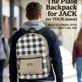 Schwarzes Gingham-Karomuster und Khaki-Beige-Monog Bedruckter Rucksack