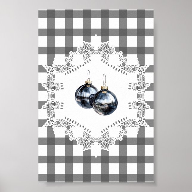 Schwarzes Gingham-Ornament Weihnachtswandkunst Poster (Vorne)