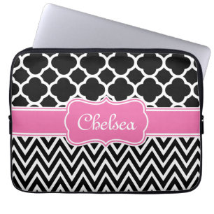 Schwarzes Gitter / Zickzack Muster rosa Name Laptopschutzhülle
