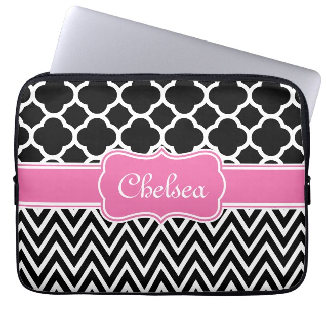 Schwarzes Gitter / Zickzack Muster rosa Name Laptopschutzhülle (Vorderseite)