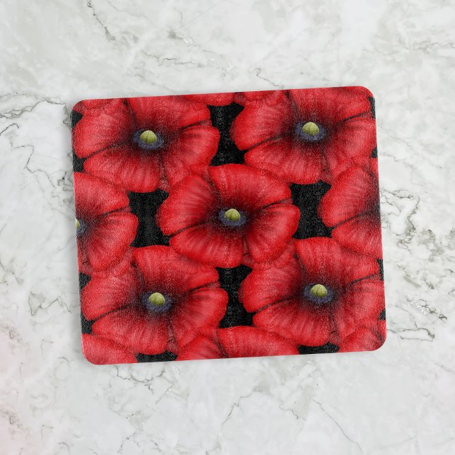 Schwarzes Glas-Schnittplatine mit rotem Mohnmuster Schneidebrett (Pop a poppy pattern cutting board in your kitchen for a pretty pop of color. Makes a lovely gift)