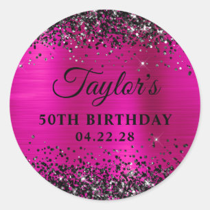 Schwarzes Glitter Hot Pink Folie 50. Geburtstag Runder Aufkleber