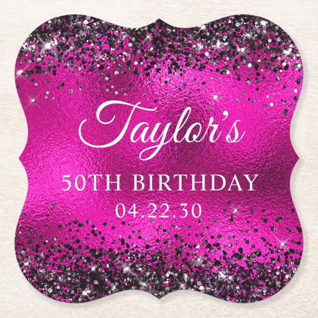 Schwarzes Glitter Hot Pink Glas 50. Geburtstag Untersetzer (Vorderseite)