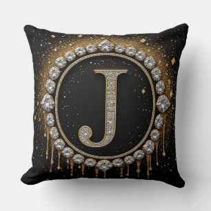 Schwarzes Glitter-Monogramm Buchstabe J Logo Schmu Kissen