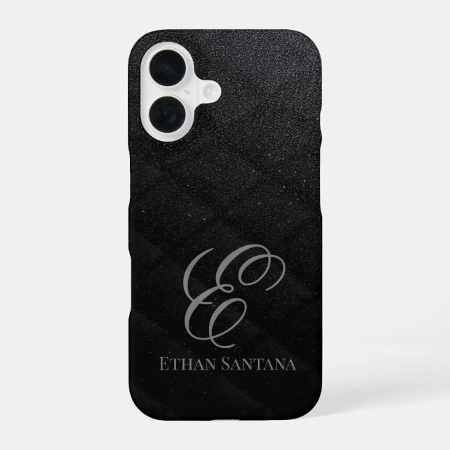 Schwarzes Glitter-Monogramm iPhone 16 Hülle (Rückseite)