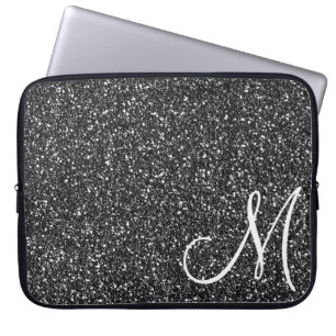 Schwarzes Glitter Monogramm Trendig Laptopschutzhülle