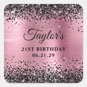 Schwarzes Glitter Rosa Folie 21. Geburtstag Quadratischer Aufkleber
