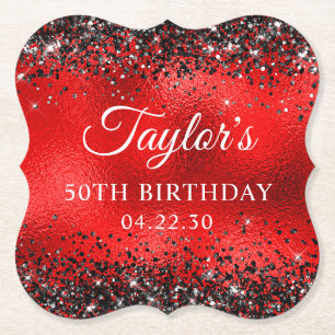 Schwarzes Glitter Rot Glasfolie 50. Geburtstag Untersetzer