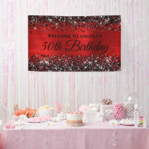 Schwarzes Glitter Roter Folie 50. Geburtstag Willk Banner