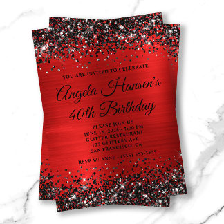 Schwarzes Glitter Roter Folien-Monogramm 40. Gebur Einladung