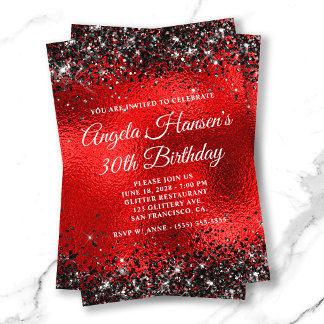 Schwarzes Glitter Roter Glasfolie 30. Geburtstag Einladung