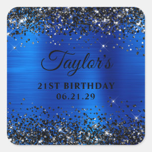Schwarzes Glitter Royal Blau Folie 21. Geburtstag Quadratischer Aufkleber