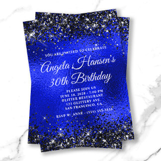 Schwarzes Glitter Royal Blau Glasfolie 30. Geburts Einladung