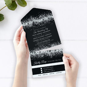 Schwarzes Glitter Silber Hochzeit Alles in einer E All In One Einladung