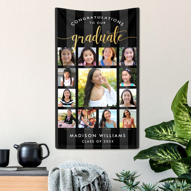 Schwarzes Gold Abschluss K-12 Foto Collage Script Banner (Von Creator hochgeladen)