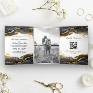 Schwarzes Gold Abstrakt Tinten QR Code Hochzeit Dreifach Gefaltete Einladung
