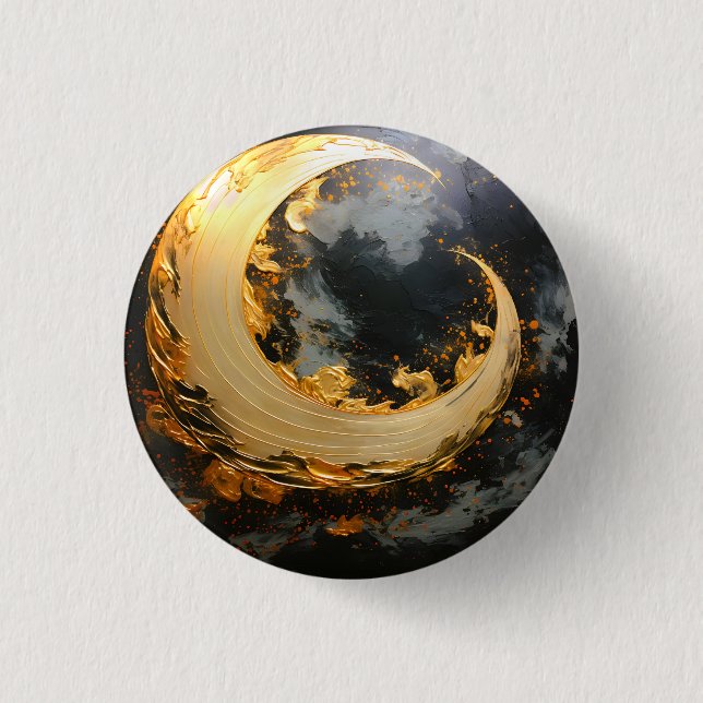 Schwarzes Gold Abstrakt Wirbel Modern Mond Button (Vorderseite)
