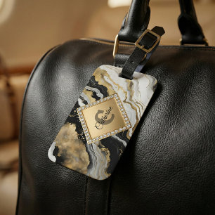 Schwarzes Gold-Achat-Marmor-Glam-Diamant-Monogramm Gepäckanhänger