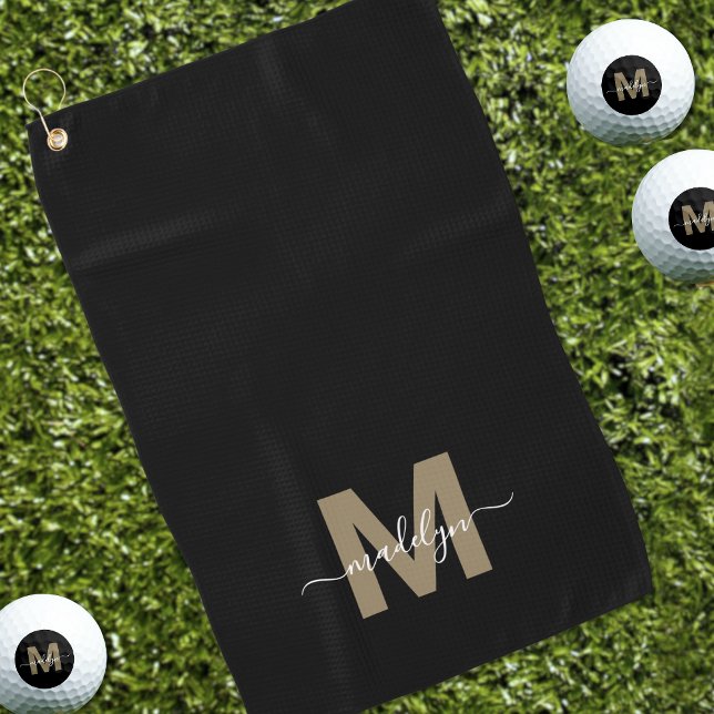 Schwarzes Gold Anfangsname Monogram Golfhandtuch (Black Gold Initial Name Monogram Golf Towel )