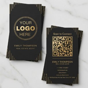 Schwarzes Gold Art Deco QR Code Elegantes Minimali Visitenkarte