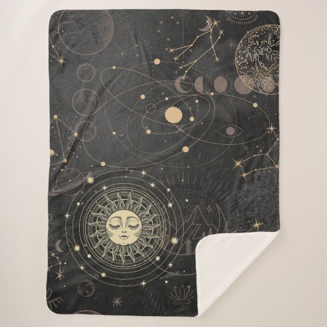 Schwarzes Gold Astrologisches Muster Sherpadecke (Vorderseite)