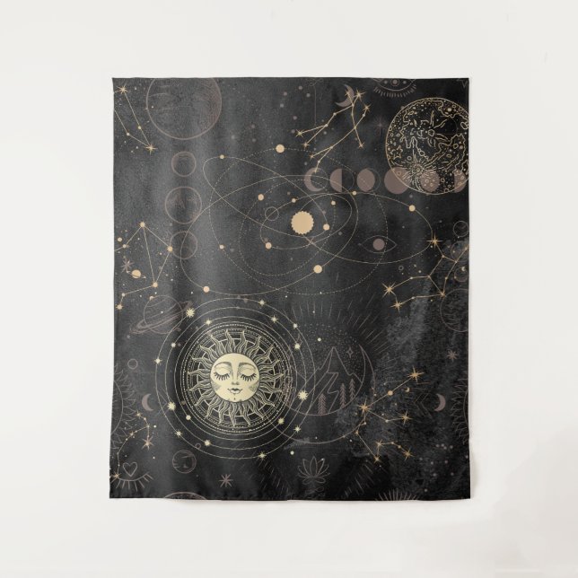 Schwarzes Gold Astrologisches Muster Wandteppich (Vorderseite)