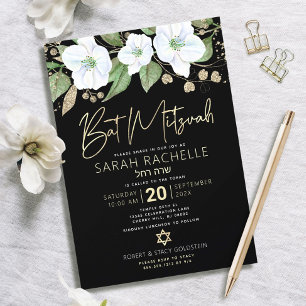 Schwarzes Gold Bat Mitzvah Schrift Florale Wasserf Einladung