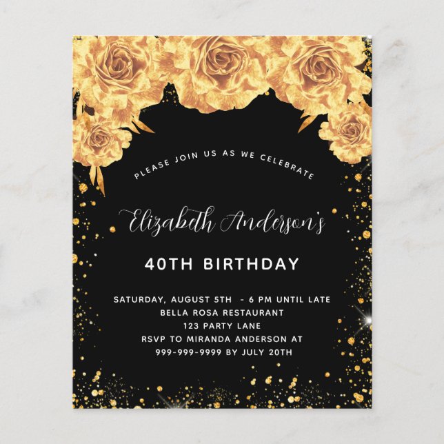 Schwarzes Gold Blumenzauber-Budget Einladung (Vorderseite)