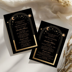 Schwarzes Gold Celestial Zweisprachige Quinceañera Einladung