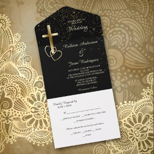 Schwarzes Gold Christlich Cross Foto Template Hoch All In One Einladung