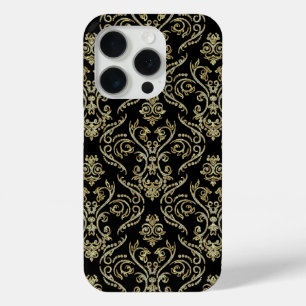 Schwarzes Gold & Diamanten Glitter Blumen Damast 2 iPhone 15 Pro Hülle