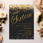 Schwarzes Gold Drehbuch elegant Sweet 16 Einladung<br><div class="desc">Eine moderne süße 16 Einladung. Ein schwarzer Hintergrund und das Wort Sechzehn mit großen Buchstaben geschrieben. Mit goldenen Konfetti dekoriert. Personalisieren und fügen Sie einen Namen und Party-Details hinzu.</div>