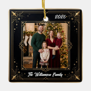 Schwarzes Gold Elegantes Familienfoto Weihnachtske Keramikornament