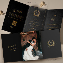 Schwarzes Gold Foto QR Code RSVP Details Hochzeit Dreifach Gefaltete Karte