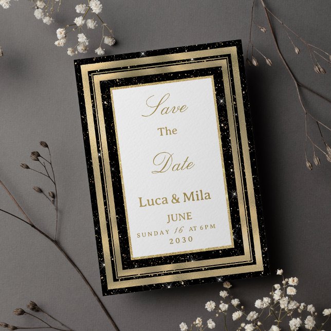 Schwarzes Gold funkelndes Glitter-Konfetti Save th Einladung (Black gold sparkly glitter confetti Save the Date)