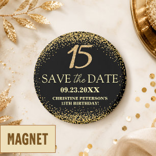 Schwarzes Gold-Glitter 15. Geburtstag Save-the-Dat Magnet