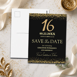 Schwarzes Gold Glitter 16. Geburtstag Save the Dat Postkarte
