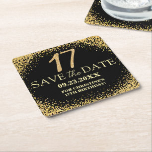 Schwarzes Gold Glitter 17. Geburtstag Save the Dat Rechteckiger Pappuntersetzer