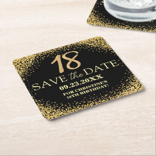 Schwarzes Gold Glitter 18. Geburtstag Save the Dat Rechteckiger Pappuntersetzer