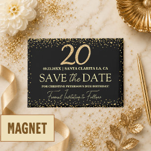 Schwarzes Gold Glitter 20. Geburtstag Save the Dat Magnet