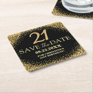 Schwarzes Gold Glitter 21. Geburtstag Save the Dat Rechteckiger Pappuntersetzer