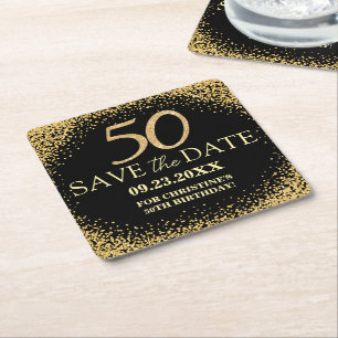 Schwarzes Gold Glitter 50. Geburtstag Save the Dat Rechteckiger Pappuntersetzer