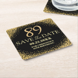 Schwarzes Gold Glitter 89. Geburtstag Save the Dat Rechteckiger Pappuntersetzer