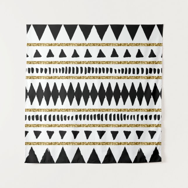 Schwarzes Gold-Glitter-Ethno-Muster Wandteppich (Vorderseite)