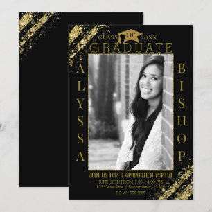 Schwarzes Gold Glitter Foto Abschluss Absolventen Einladung