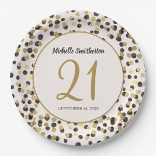 Schwarzes Gold Glitter Konfetti 21. Geburtstag Pappteller