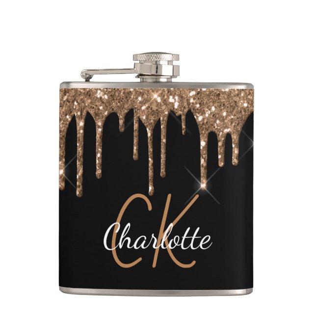 Schwarzes Gold-Glitter-Tropfen-Monogramm funkelt e Flachmann (Vorderseite)