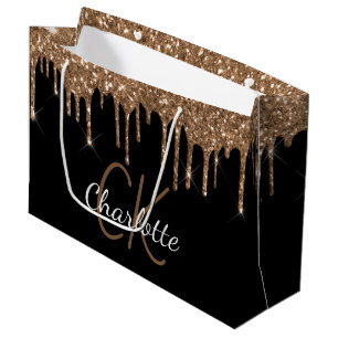 Schwarzes Gold-Glitter-Tropfen-Monogramm-Name-Skri Große Geschenktüte