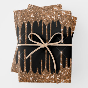 Schwarzes Gold Glittertropfen girly Luxus Geschenkpapier Set