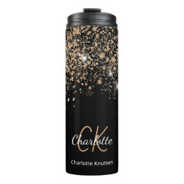 Schwarzes Gold Glitzer Monogramm Name Funkeln Thermosbecher